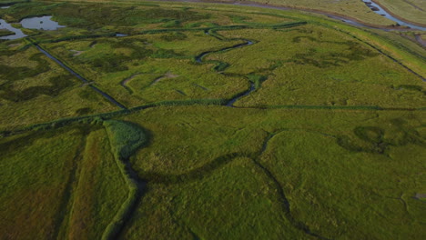 High-Aerial-Drone-Shot-Flying-Over-Green-Salt-Marsh-in-North-Norfolk-UK