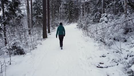 Woman-walking-in-a-snowy-forest