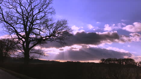 Leicestershire-Englische-Landschaftssonne,-Die-Durch-Wolken-Nahe-Winterbaum-Strahlt