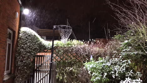 Snow-falls-past-a-Netball-Hoop-in-an-English-Cottage-Garden-lit-up-at-night-under-a-flood-light