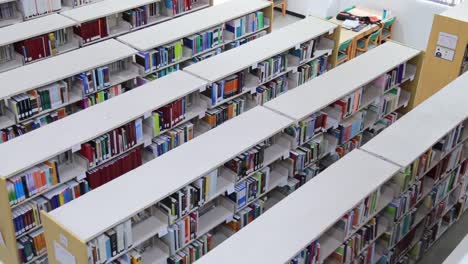 Top-down-static-shot-of-rows-of-bookshelves-in-library