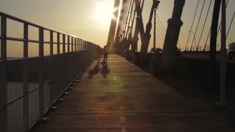 Männer,-Die-Während-Des-Sonnenuntergangs-über-Die-Brücke-Gehen
