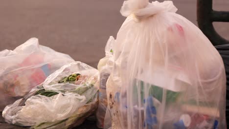 Pfanne-Links,-Plastiktüten-Mit-Müll-Liegen-Am-Straßenrand