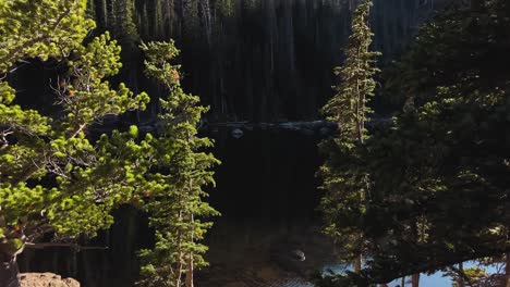 Tilting-shot-of-Nymph-Lake-in-Rocky-Mountain-National-Park