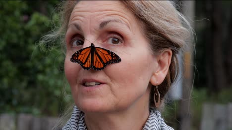 Monarch-Butterfly-resting-on-nose-of-smiling-attractive-middle-aged-woman---close-up---4K,-59