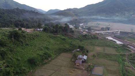 Antenne-über-Thailand-Reisfelder-An-Einem-Nebligen-Morgen