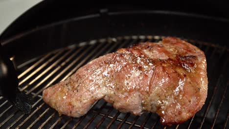 Close-up-of-a-black-silicone-brush-smearing-a-pork-meat-with-honey-oil-on-a-hot-barbecue-grill,-slow-motion