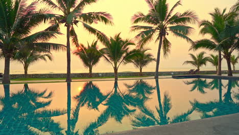 View-of-empty-swimming-pool,-still-water-and-palm-trees-at-sunset