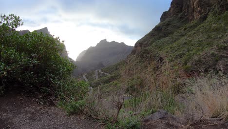 Timelapse-of-changing-sunlight-and-clouds-with-camera-flare-in-Masca-National-park,-Tenerife