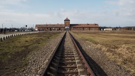 Auschwitz-railway-entrance-looking-down-tracks-to-museum-building