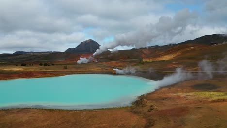 Aerial-view-of-hot-Blue-Lake-in-Myvatn-Geothermal-Area,-Iceland