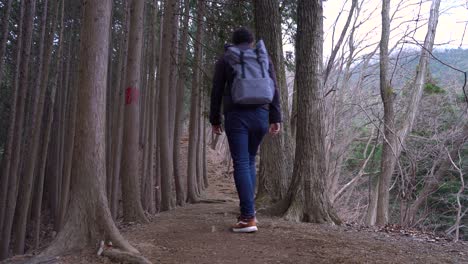 A-Young-Man-Walking-On-The-Forested-Mountain-Path-With-His-Backpack---Close-Up-Shot