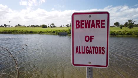 Bewegen-Sie-Sich-Näher-In-Richtung-Alligatorschild-Am-Malerischen-Teich