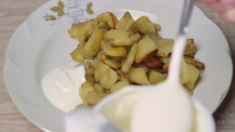 Nahaufnahme-Von-Saurer-Sahne,-Die-Neben-Gekochten-Kartoffeln-Auf-Ein-Weißes-Gericht-Gelegt-Wird