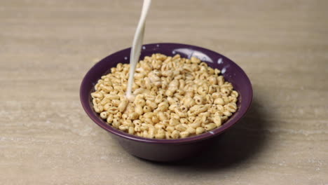 Close-up-of-milk-falling-into-cereal-in-purple-bowl-and-spoon-added