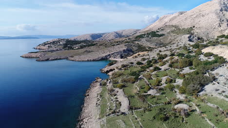Aerial-shot-of-the-rugged-coastline-near-Baska,-a-popular-travel-resort-on-Krk-island,-Croatia