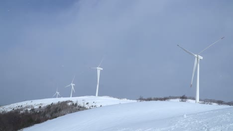 Windkraftanlagen-Bewegen-Sich-Und-Erzeugen-Strom-Auf-Der-Schneebedeckten-Ranch-In-Südkorea