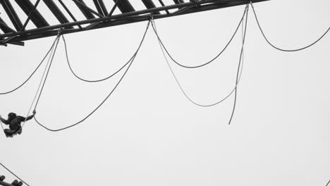 Silhouette-of-monkey-hanging-on-wires-on-grey-sky-background