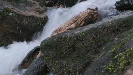 Shallow-depth-of-field,-dolly-side-shot-of-water-flowing-in-springtime-down-a-rapid-stream-with-moss-covered-rocks