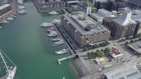 Drohne-Dreht-Sich-Und-Zeigt-Den-Wasserhafen-Und-Die-Hotels-In-Cbd-Auckland