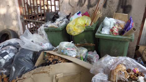 Pile-Of-Garbages-And-Green-Containers-Overflow-With-Plastic-Trash-In-Abandoned-Structure