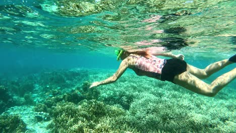 Mujer-Disfrutando-Del-Esnórquel-En-El-Mar-Tropical-Claro-Sobre-Los-Corales-Pétreos