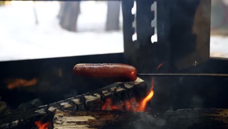 Roasting-two-hot-dogs-on-a-camp-fire