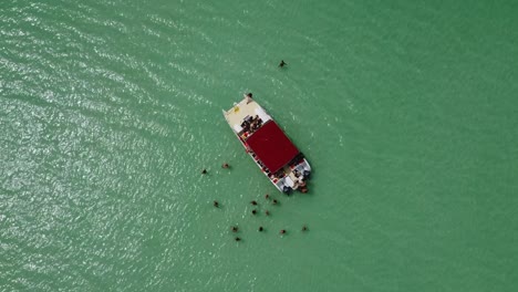 Bird's-eye-view-drone-shot-over-tourist-boat-in-the-sea-where-people-are-standing-in-the-green-sea-enjoying-the-sea