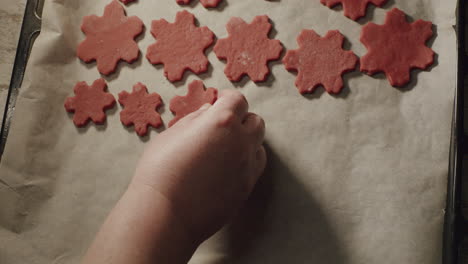 Arranging-christmas-cookies-snowflakes-in-a-tray,-top-down-view-of-chef-hand