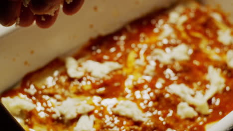 Sprinkling-mozzarella-cheese-over-tomato-lasagne-human-hand-cooking-italian-food