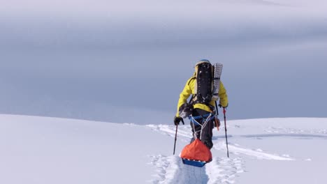 Expeditions-Backcountry-Skifahrer-Mit-Pulk-Schlittenskiern-über-Sonnigem-Gletscher