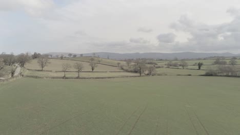 Aerial-view-across-idyllic-welsh-farming-pasture-farmland-push-in-descending