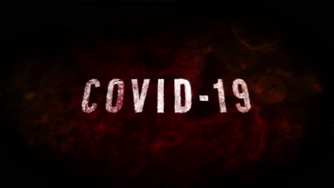 Scary-animation-of-“COVID-19”-text-and-corona-virus-under-microscope-red-and-dark-orange-background,-with-the-camera-looking-up-and-panning-in-to-reveal-the-text-at-a-dramatic-angle
