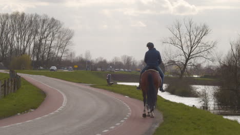 Woman-riding-horse-over-dike-in-the-Netherlands