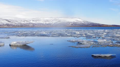Cool-Fresh-Air-And-Floating-Ice-By-Clear-Blue-Lake-In-Iceland---Wide-shot
