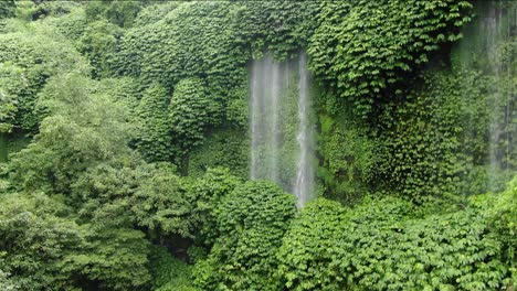 Aerial-ascending-drone-shot-showing-a-majestic-rainforest-with-a-waterfall,-curtain-of-water-flowing-down-on-rocks