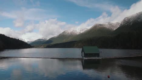 Canadian-Vancouver-Capilano-lake-water-reserve-with-mountains-Wide-angle-static-Slow-motion
