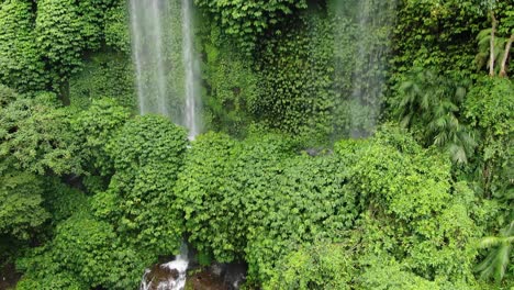 Tilt-up-stabile-shot-of-a-high-waterfall-in-a-tropical-jungle,-watercourse-on-rocks,-as-water-freefalling-between-lush-green-trees,-and-plants