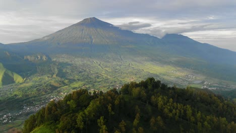 Aerial-View-Move-away-shot,-Pergasinan-Hill-Trees,-Mount-Rinjani-in-the-background