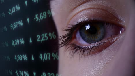 Woman-watching-stock-trade-market-numbers-on-virtual-screen