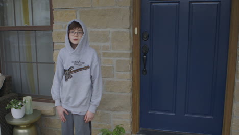 Little-boy-with-a-hoodie-standing-on-the-porch-in-quarantine