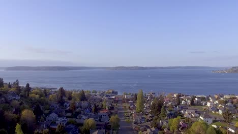 Beautiful-Scenery-Of-Lush-Trees-And-Houses-At-The-Commencement-Bay-In-Tacoma,-Washington-With-Calm-Sea-Under-The-Clear-Blue-Sky---Aerial-Shot