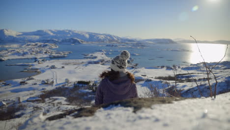 Eine-Frau-Genießt-Während-Einer-Sonnigen-Winterwanderung-Entlang-Der-Arktischen-Küste-Norwegens-Eine-Atemberaubende-Aussicht