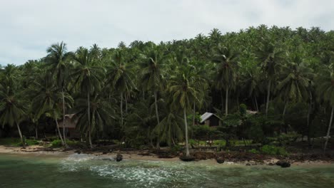 Luftaufnahme-Eines-Abgelegenen-Stranddorfes-Im-Indonesischen-Palmendschungel