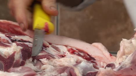 Butcher-cuts-giant-piece-of-raw-meat-with-sharp-knife,-right-pan,-closeup