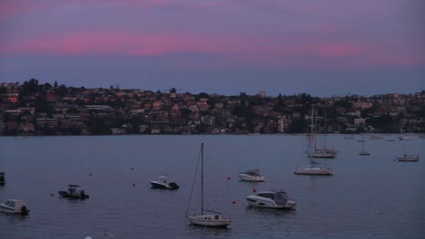Yachts-and-speed-boats-moored-in-calm-bay-harbour,-sunset