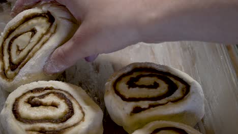 Close-up-of-person's-hand-placing-homemade-cinnamon-roll-into-greased-pan