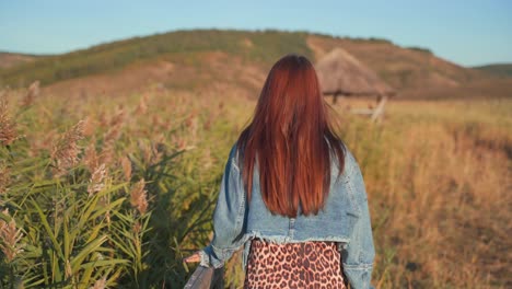 Behind-view-of-Caucasian-woman-wearing-fashionable-printed-animal-dress-and-jean-jacket-walking-and-holding-wooden-handrail-past-tall-green-grass,-handheld-close-up