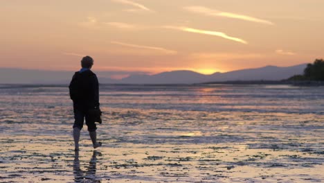 Silhouetted-person-Walks-in-slow-motion-on-low-tide-beach-at-sunset