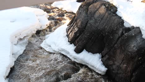 Wunderschönes,-Mäandrierendes-Flusswasser-Fließt-Um-Und-Unter-Schneebedeckten-Felsvorsprüngen